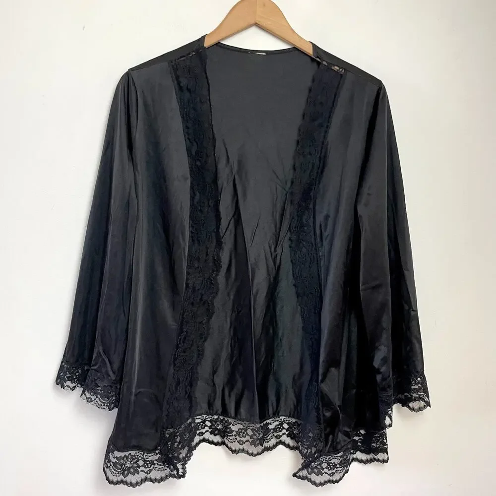 Vintage Black Nylon Lace Robe Whimsigoth Dark Coquette Romantic Witchy Ethereal